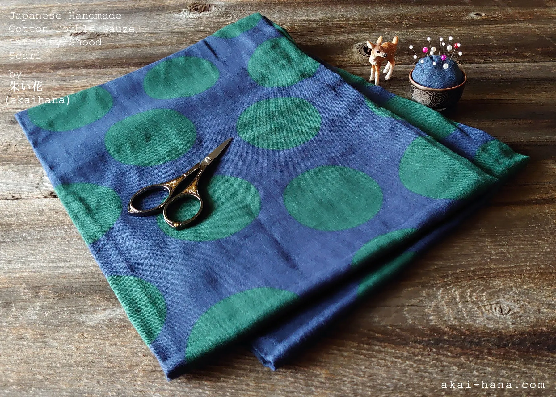 Japanese Handmade Infinity Scarf, Cotton Double Gauze, Polkadots Smoky Blue Gray x Forest Green ⦿sinf0032