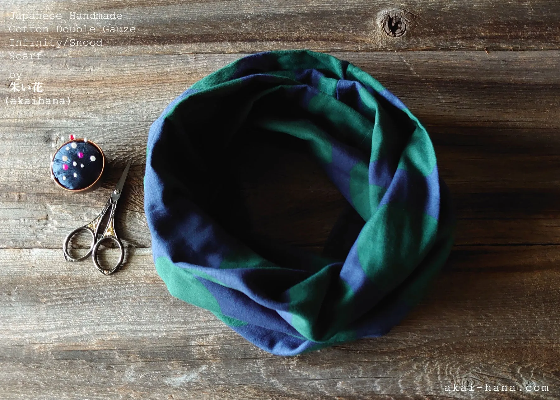 Japanese Handmade Infinity Scarf, Cotton Double Gauze, Polkadots Smoky Blue Gray x Forest Green ⦿sinf0032