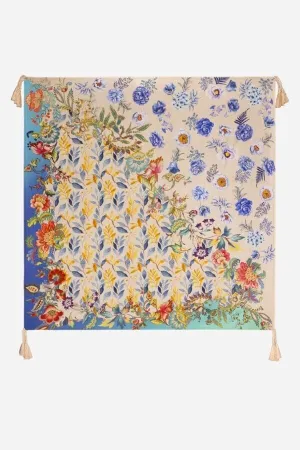 Johnny Was Blu Scarf Flowers Silk Square Large Floral Blue Scarves Tassels New