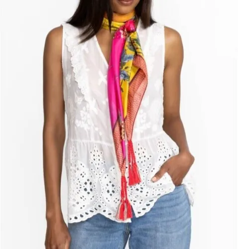 Johnny Was Emboy Scarf Flowers Silk Square Large Floral Pink Yellow Tassels Scarves New