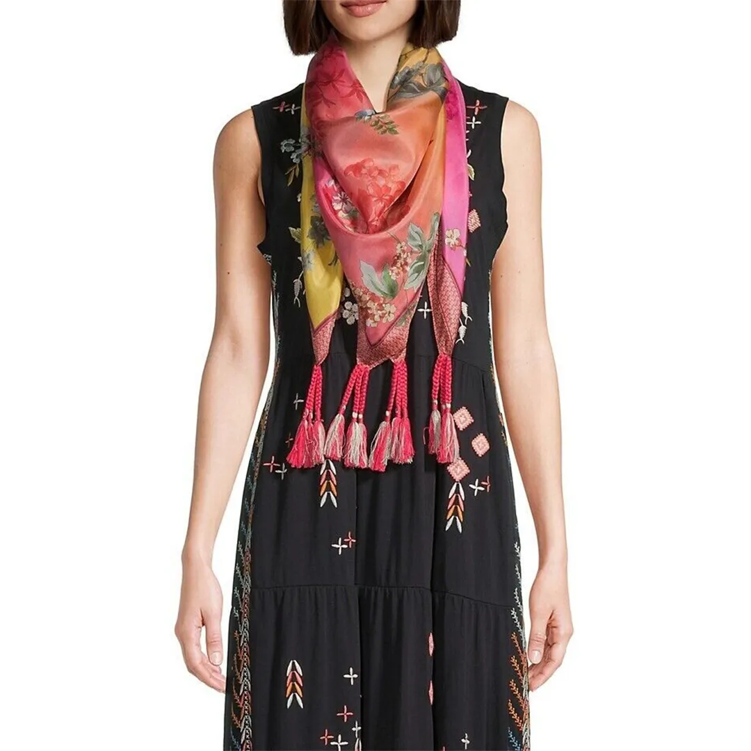 Johnny Was Emboy Scarf Flowers Silk Square Large Floral Pink Yellow Tassels Scarves New