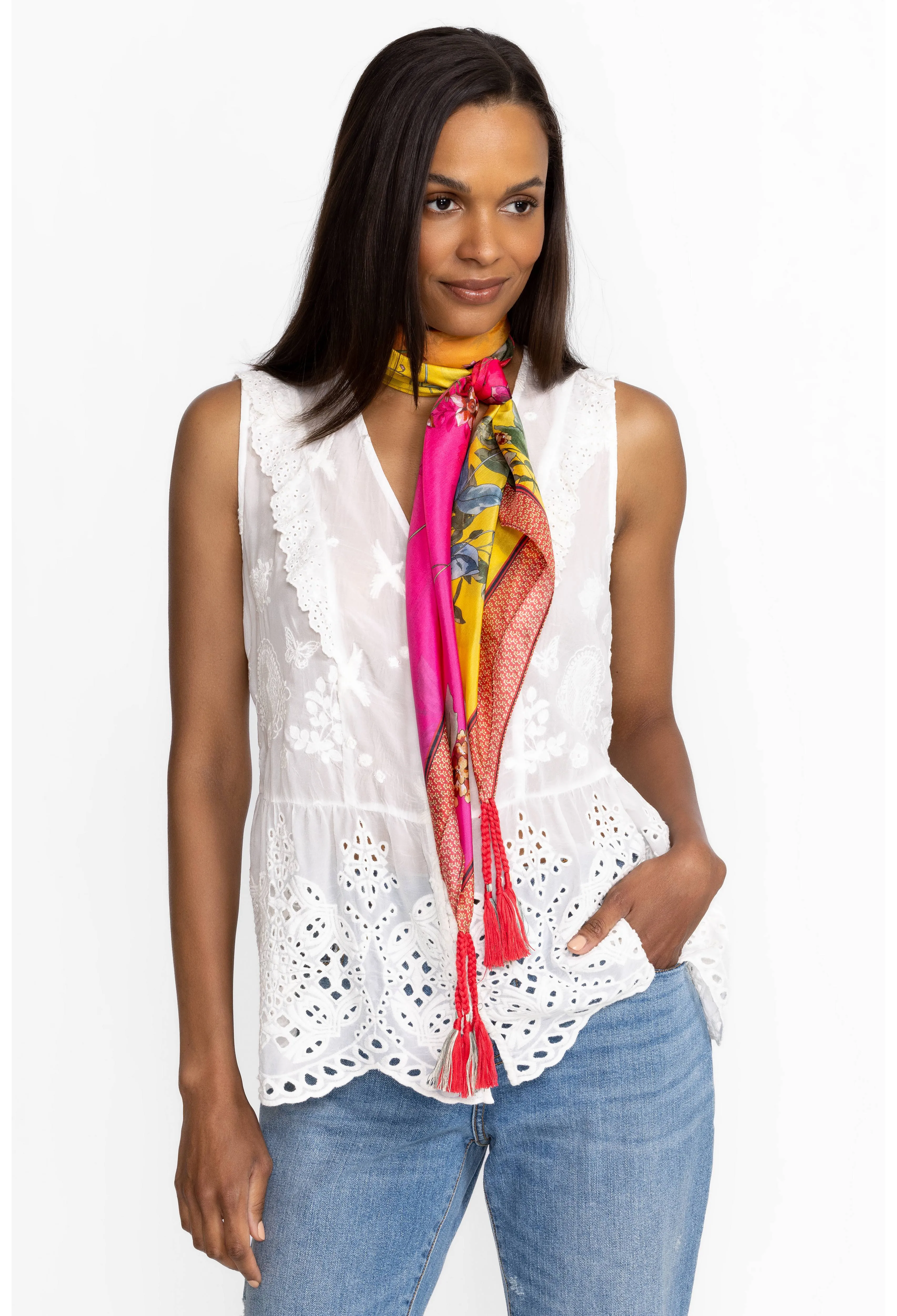 Johnny Was Emboy Scarf Flowers Silk Square Large Floral Pink Yellow Tassels Scarves New