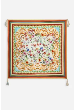 Johnny Was Felix Scarf Silk Square Large Floral Tassels Orange Scarves Blue New