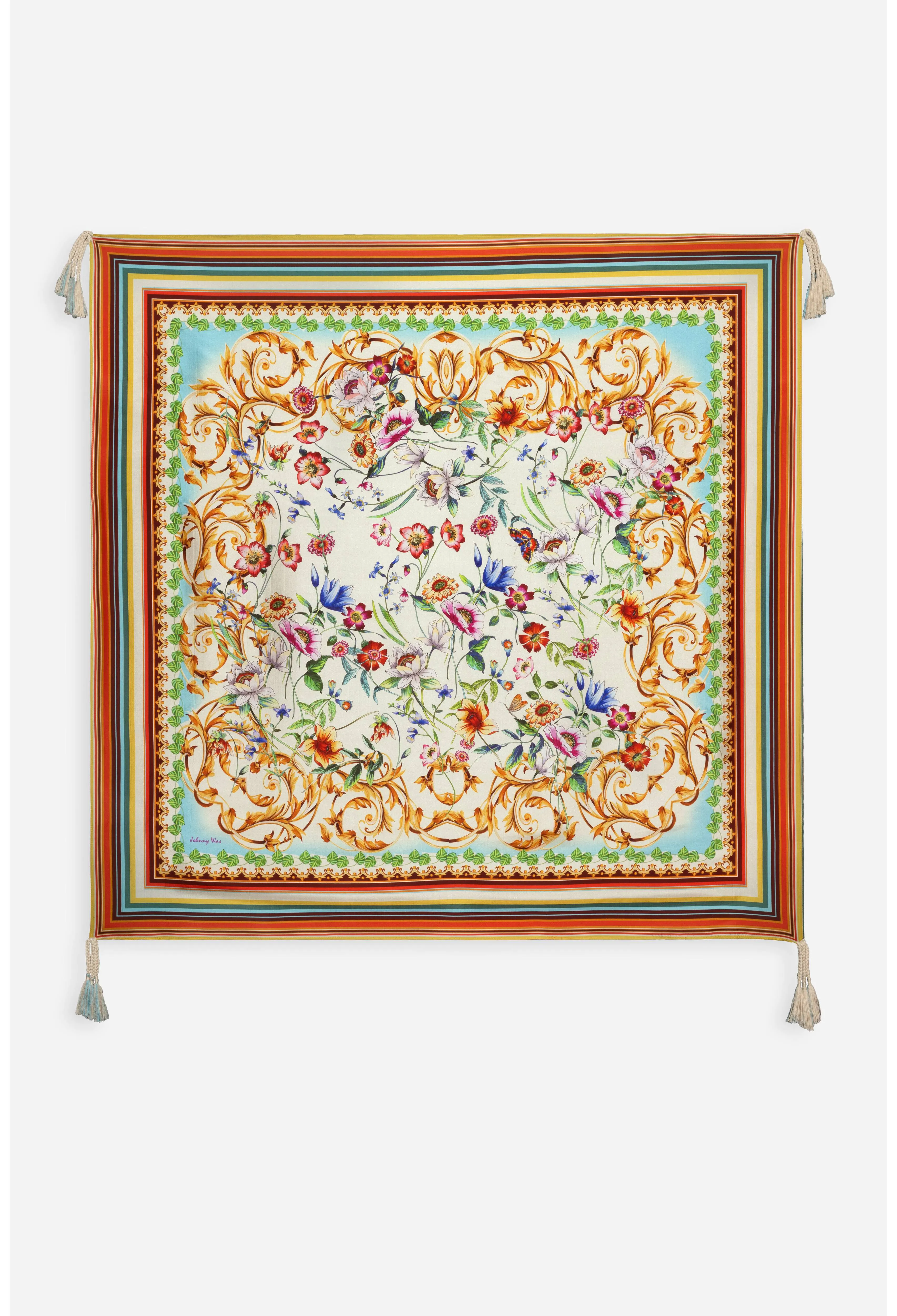 Johnny Was Felix Scarf Silk Square Large Floral Tassels Orange Scarves Blue New