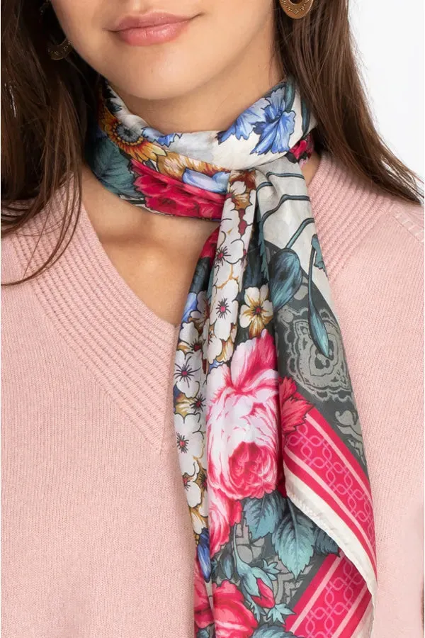 Johnny Was Floral Flower Pink Silk Large Tassle Sistine Scarf Scarves New