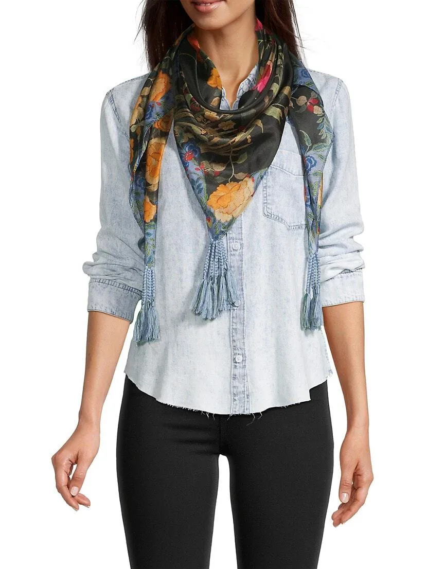 Johnny Was Graceful Scarf Silk Square Large Floral Tassels Black New