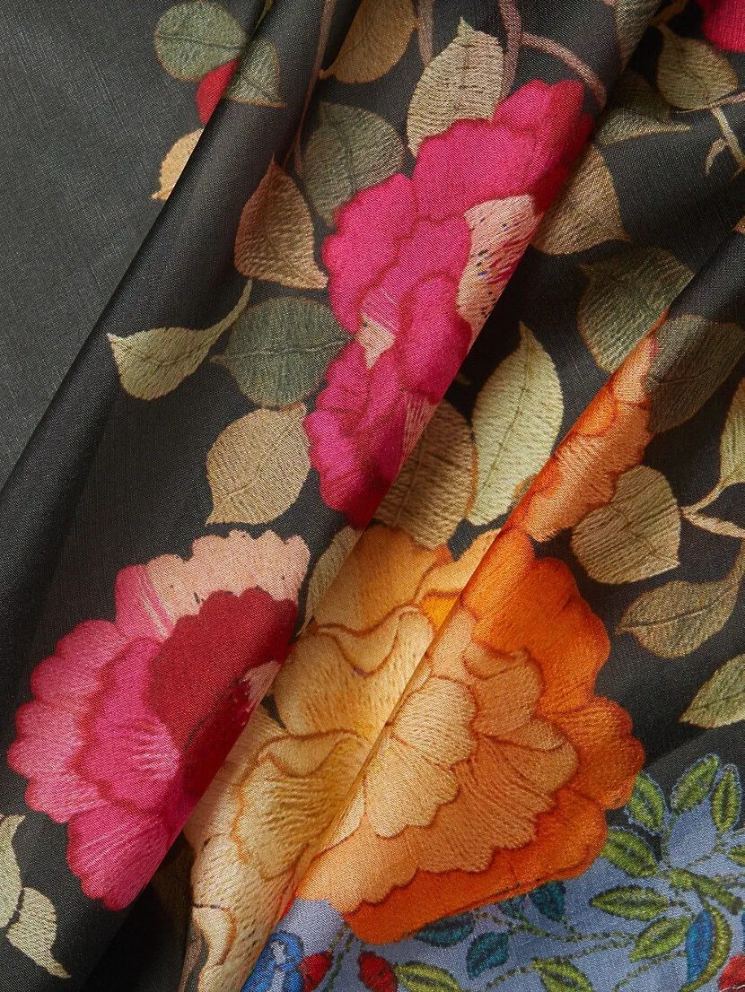 Johnny Was Graceful Scarf Silk Square Large Floral Tassels Black New