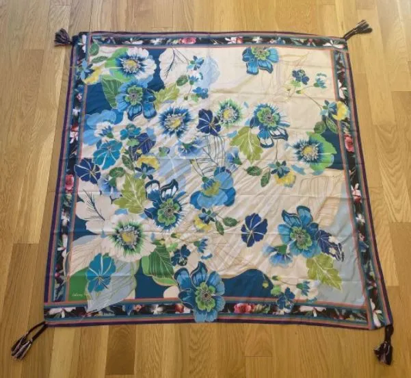 Johnny Was Jenn Scarf Flowers Silk Square Large Floral Green Blue Scarves New