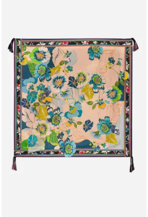 Johnny Was Jenn Scarf Flowers Silk Square Large Floral Green Blue Scarves New