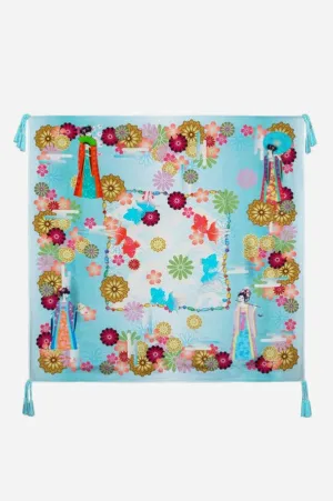 Johnny Was Kingyo Scarf Silk Blue Square Scarves Lush Floral Luxe Tassel New