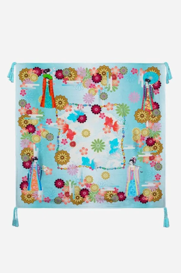 Johnny Was Kingyo Scarf Silk Blue Square Scarves Lush Floral Luxe Tassel New