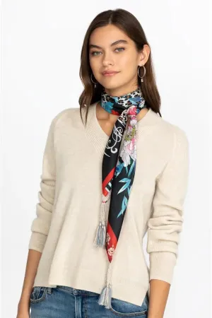 Johnny Was Ontari Silk Scarf Square Large Blue Flowers Black Tassels Scarf New
