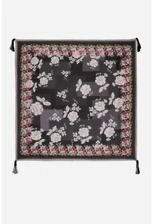 Johnny Was Redland Silk Scarf Square Large Floral Scarves Black White Tassel New