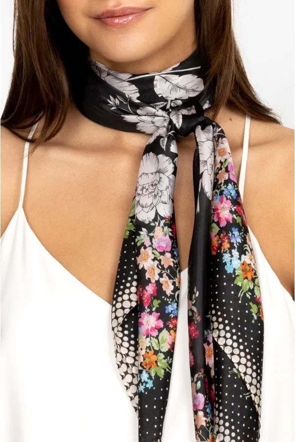 Johnny Was Redland Silk Scarf Square Large Floral Scarves Black White Tassel New