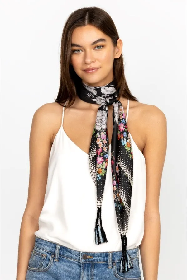 Johnny Was Redland Silk Scarf Square Large Floral Scarves Black White Tassel New