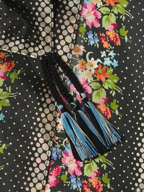 Johnny Was Redland Silk Scarf Square Large Floral Scarves Black White Tassel New
