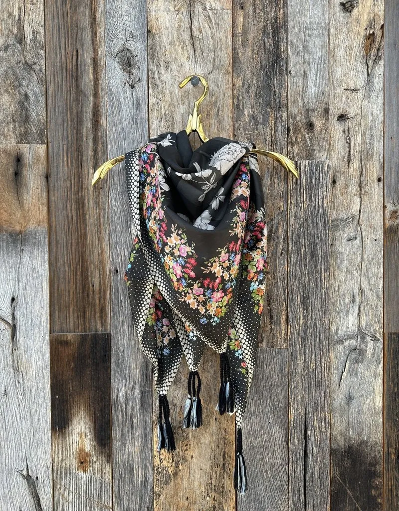 Johnny Was Redland Silk Scarf Square Large Floral Scarves Black White Tassel New