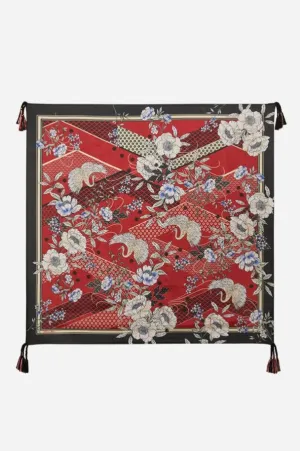 Johnny Was Royal Crane Scarf Red Silk Geometric Square Scarves Floral Tassel New