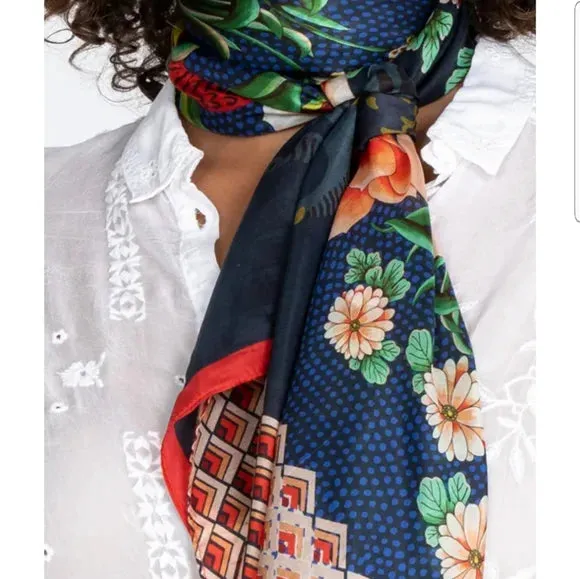 Johnny Was Scarves Silk DRAGONA SCARF Square Large Floral Blue New