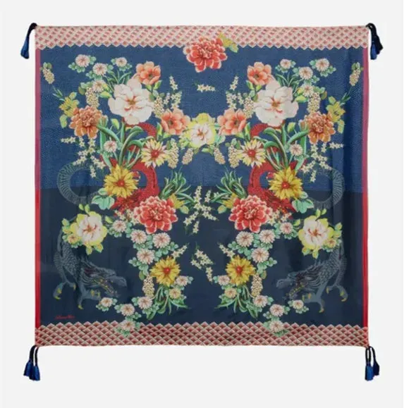 Johnny Was Scarves Silk DRAGONA SCARF Square Large Floral Blue New
