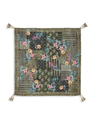 Johnny Was Silk Weller Scarf Floral Dark Green Square Large Tassel Scarves New