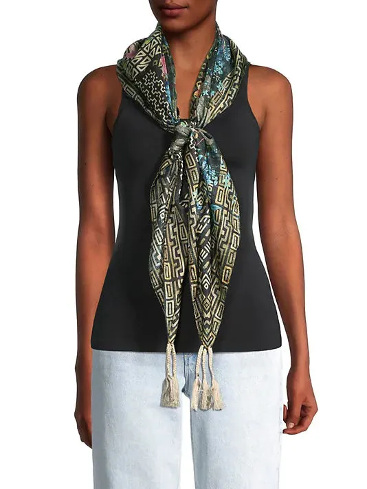 Johnny Was Silk Weller Scarf Floral Dark Green Square Large Tassel Scarves New
