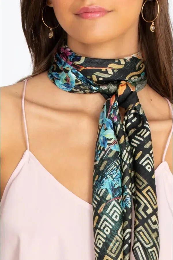 Johnny Was Silk Weller Scarf Floral Dark Green Square Large Tassel Scarves New