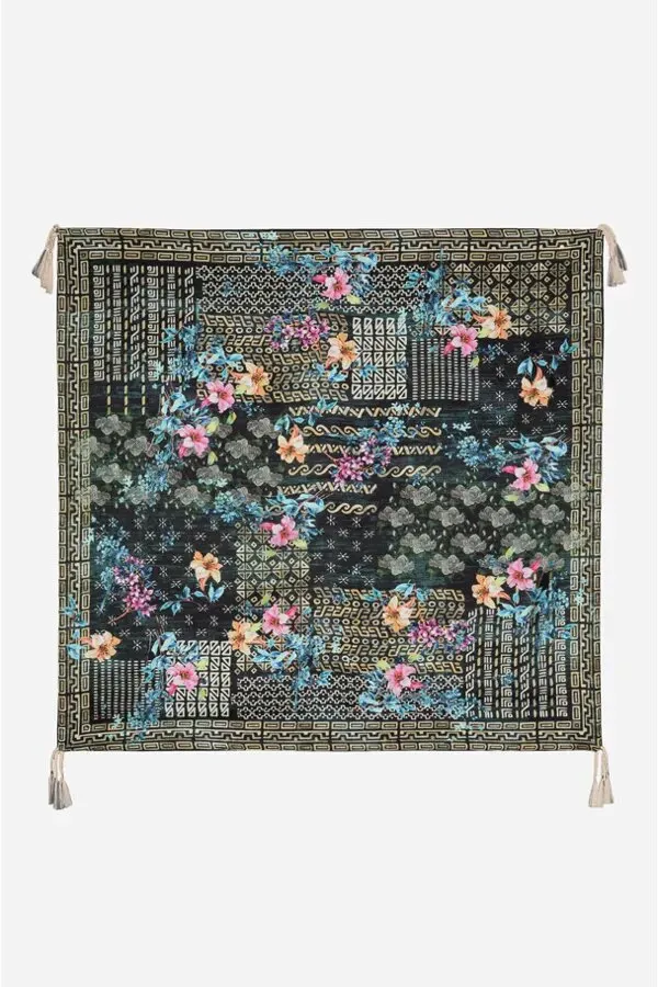 Johnny Was Silk Weller Scarf Floral Dark Green Square Large Tassel Scarves New