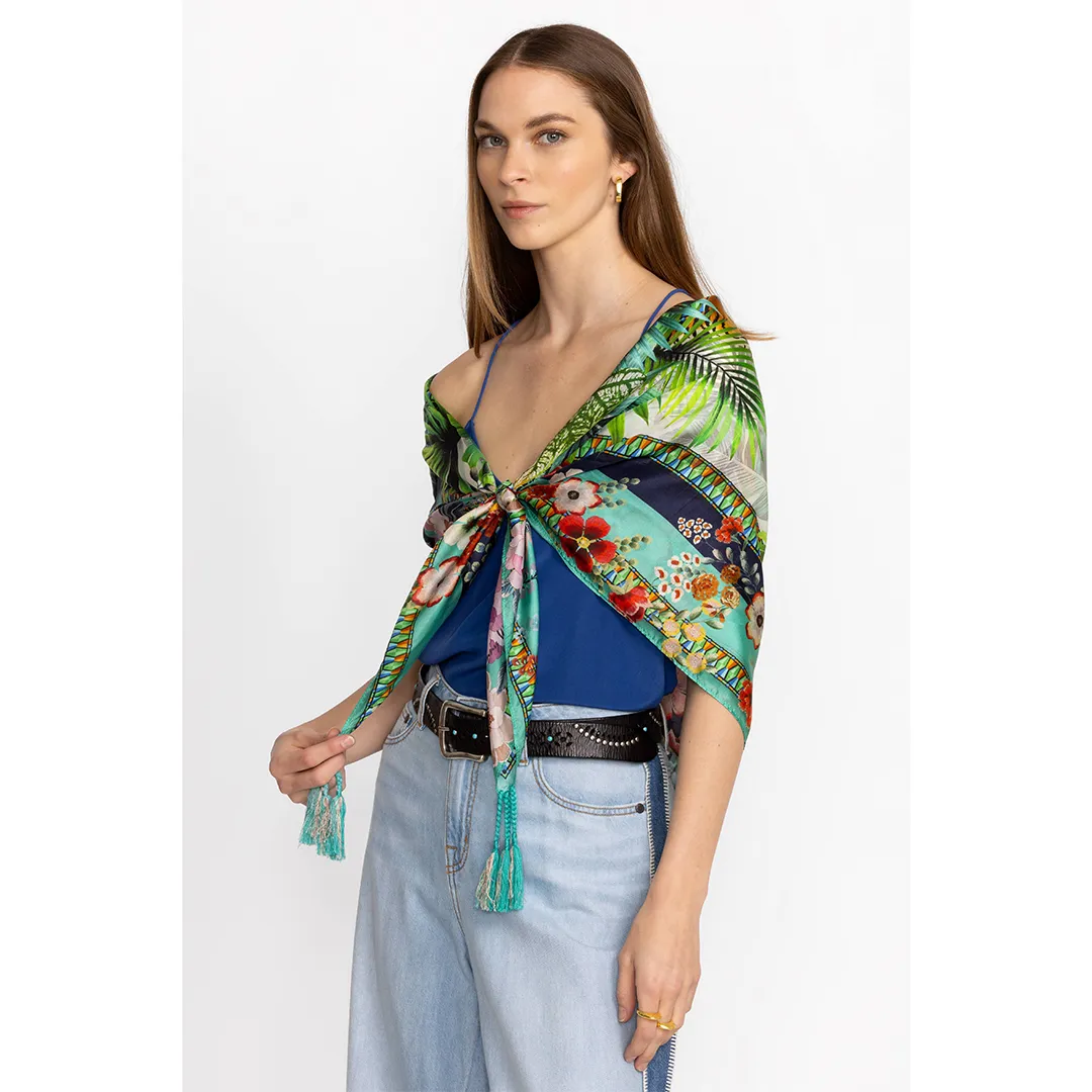 Johnny Was Tigres Fleurs Scarf Green Floral Square Scarves Silk Tassels New