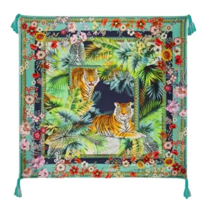 Johnny Was Tigres Fleurs Scarf Green Floral Square Scarves Silk Tassels New