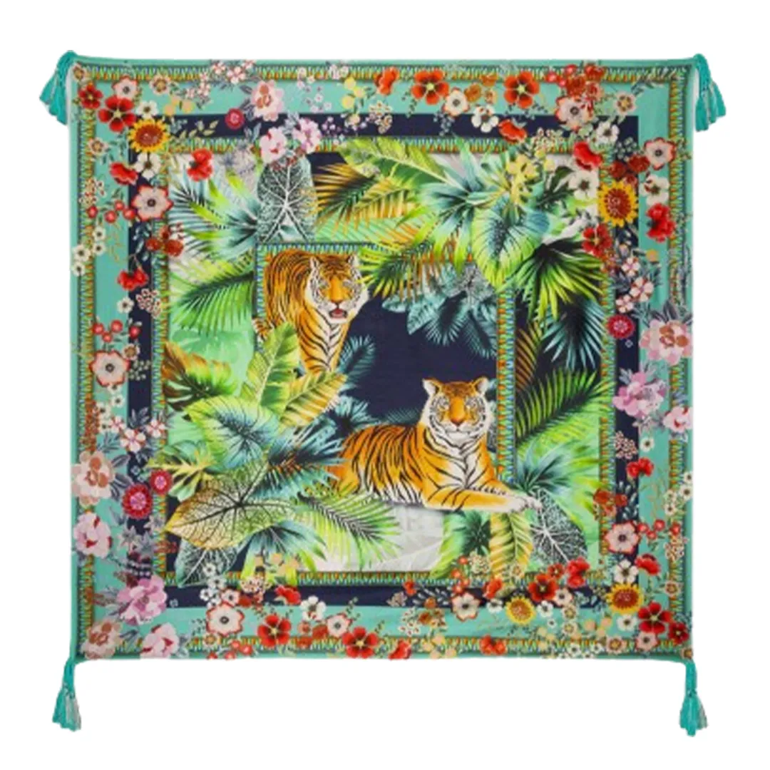 Johnny Was Tigres Fleurs Scarf Green Floral Square Scarves Silk Tassels New