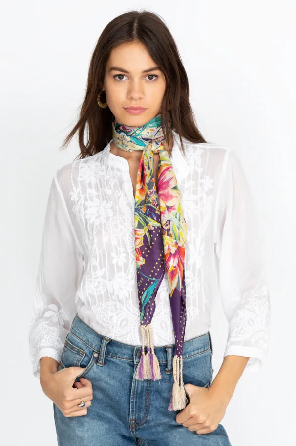 Johnny Was Topiary Scarf Large Square Purple Silk Floral Scarves Tassels New