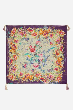 Johnny Was Topiary Scarf Large Square Purple Silk Floral Scarves Tassels New