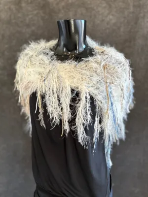 Knit Fur Ivory with blue poncholette, Fringed shoulder wrap with faux fur, luxury fur knit capulet,