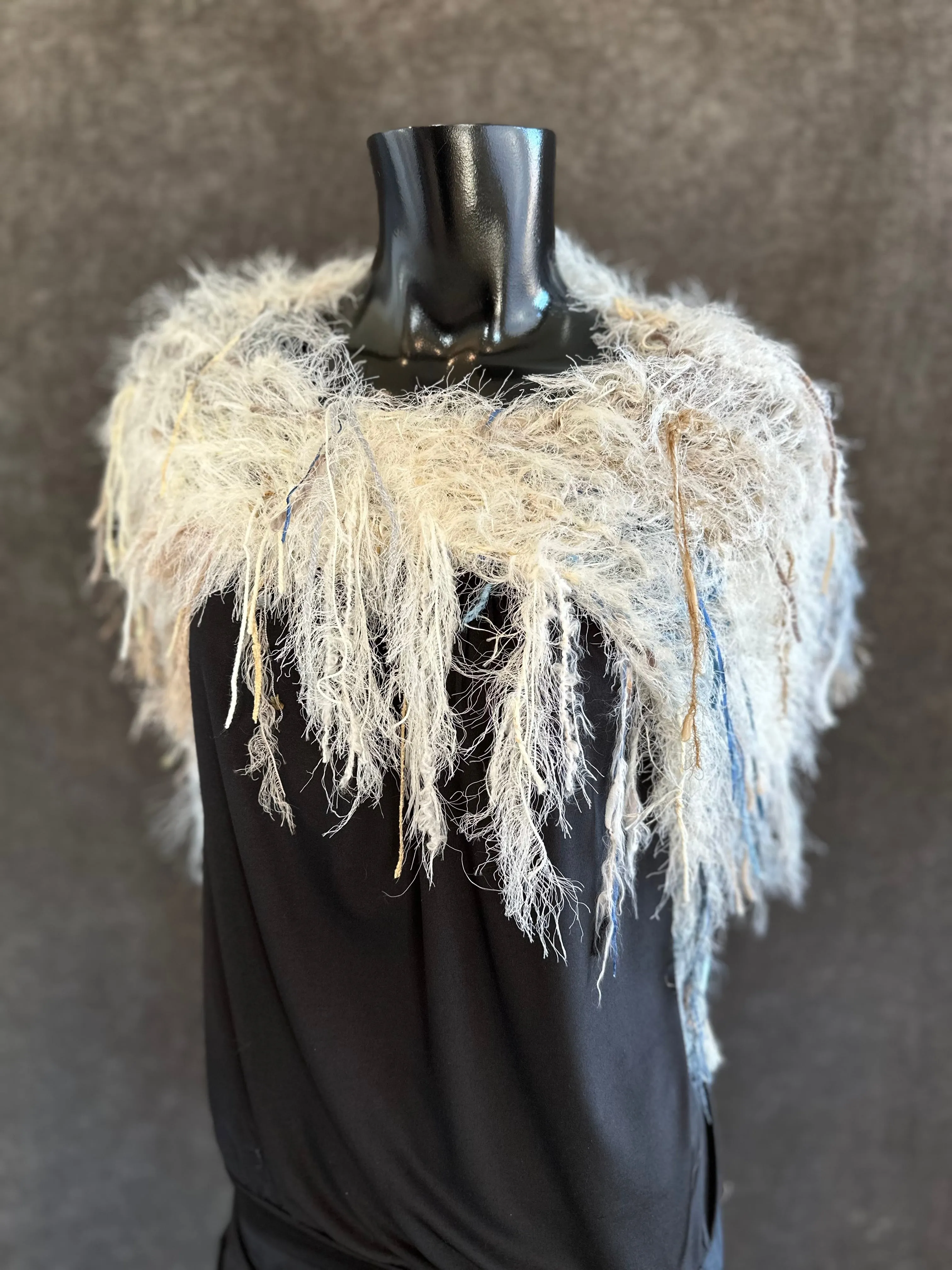 Knit Fur Ivory with blue poncholette, Fringed shoulder wrap with faux fur, luxury fur knit capulet,