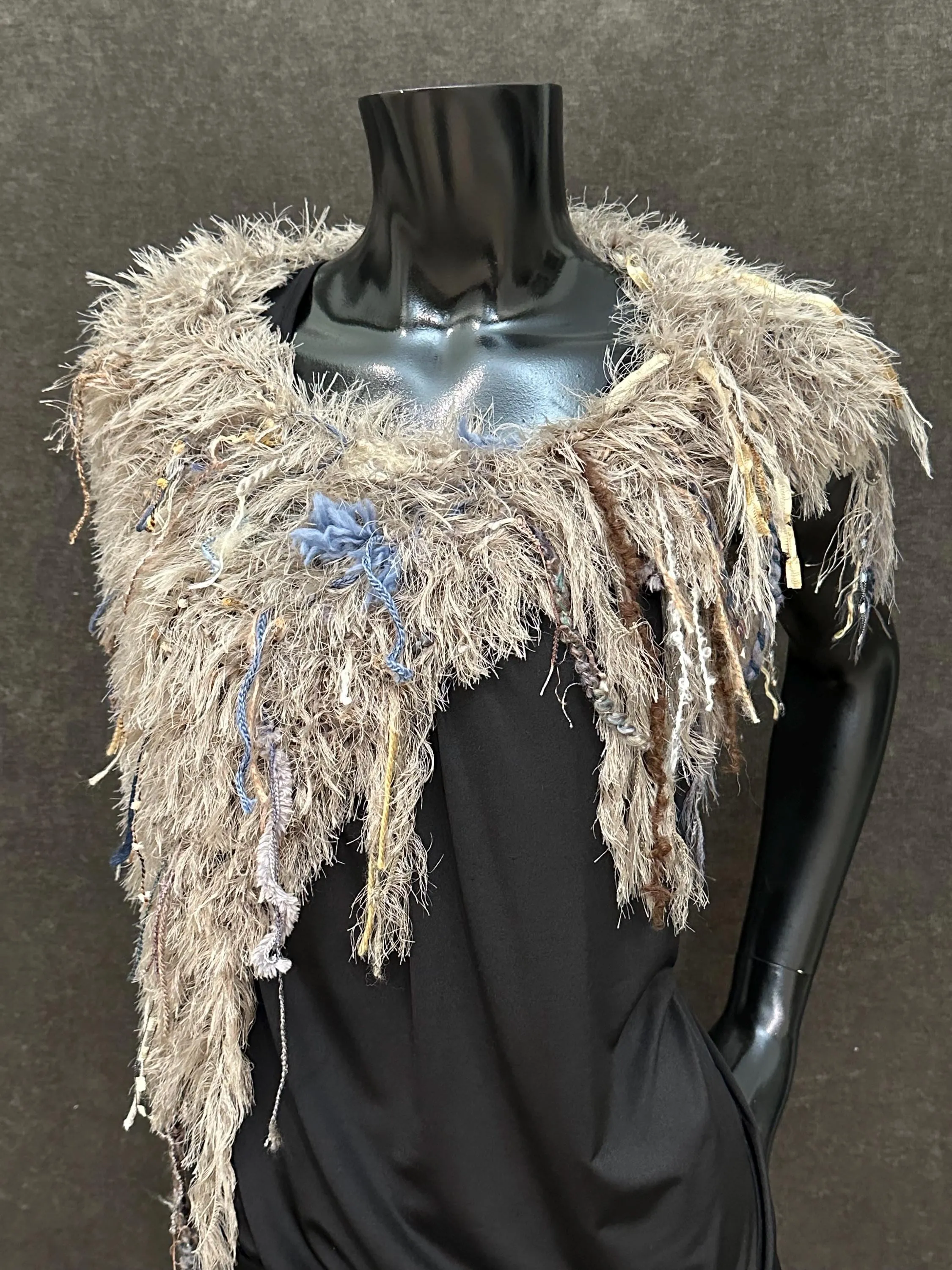 Knit Fur Taupe blue poncholette, Fringed shoulder wrap with faux fur, luxury fur knit capulet,