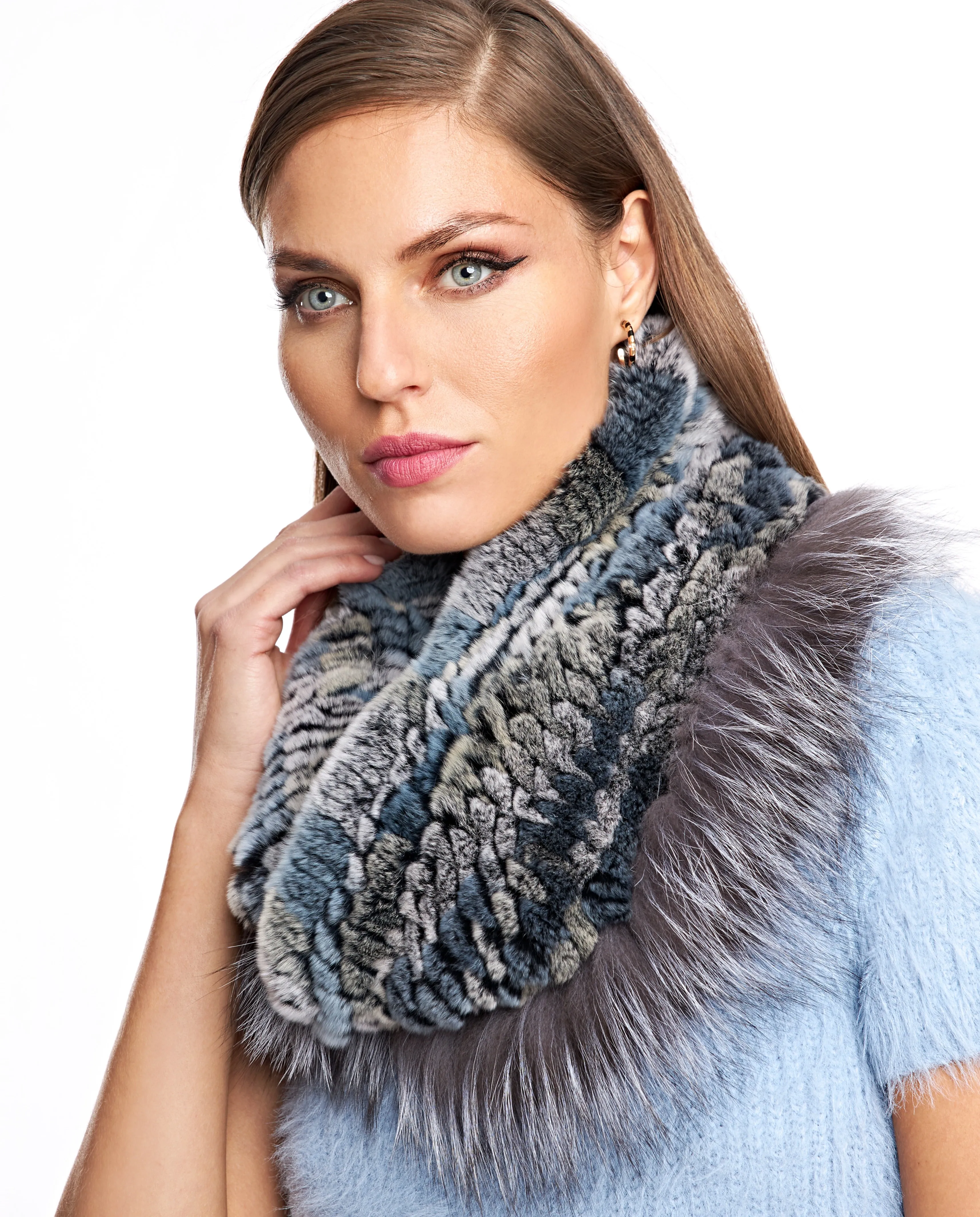 Knitted Rabbit Infinity Scarf with Fox Trim