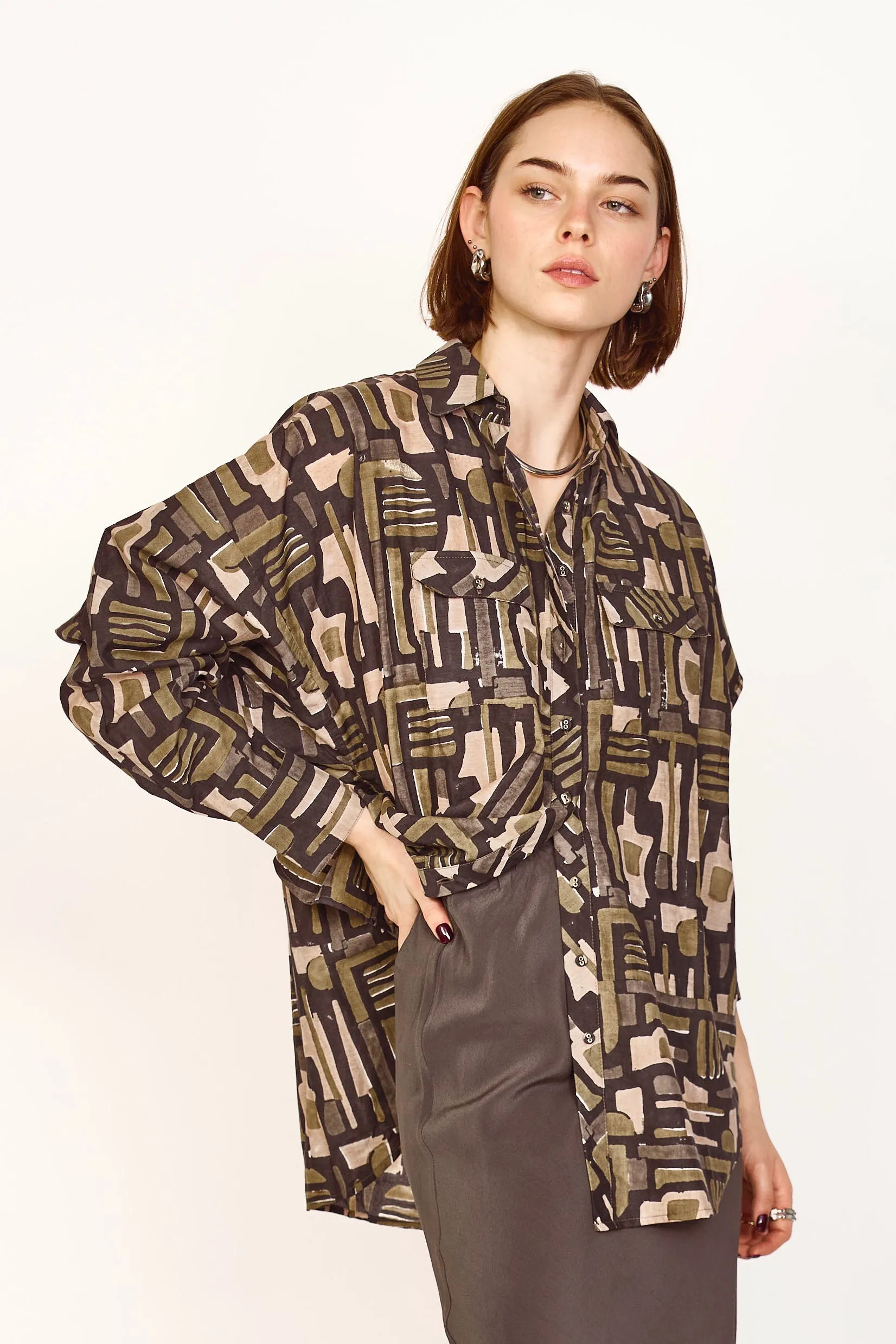 Kyoto Blouse in Olive Labyrinth