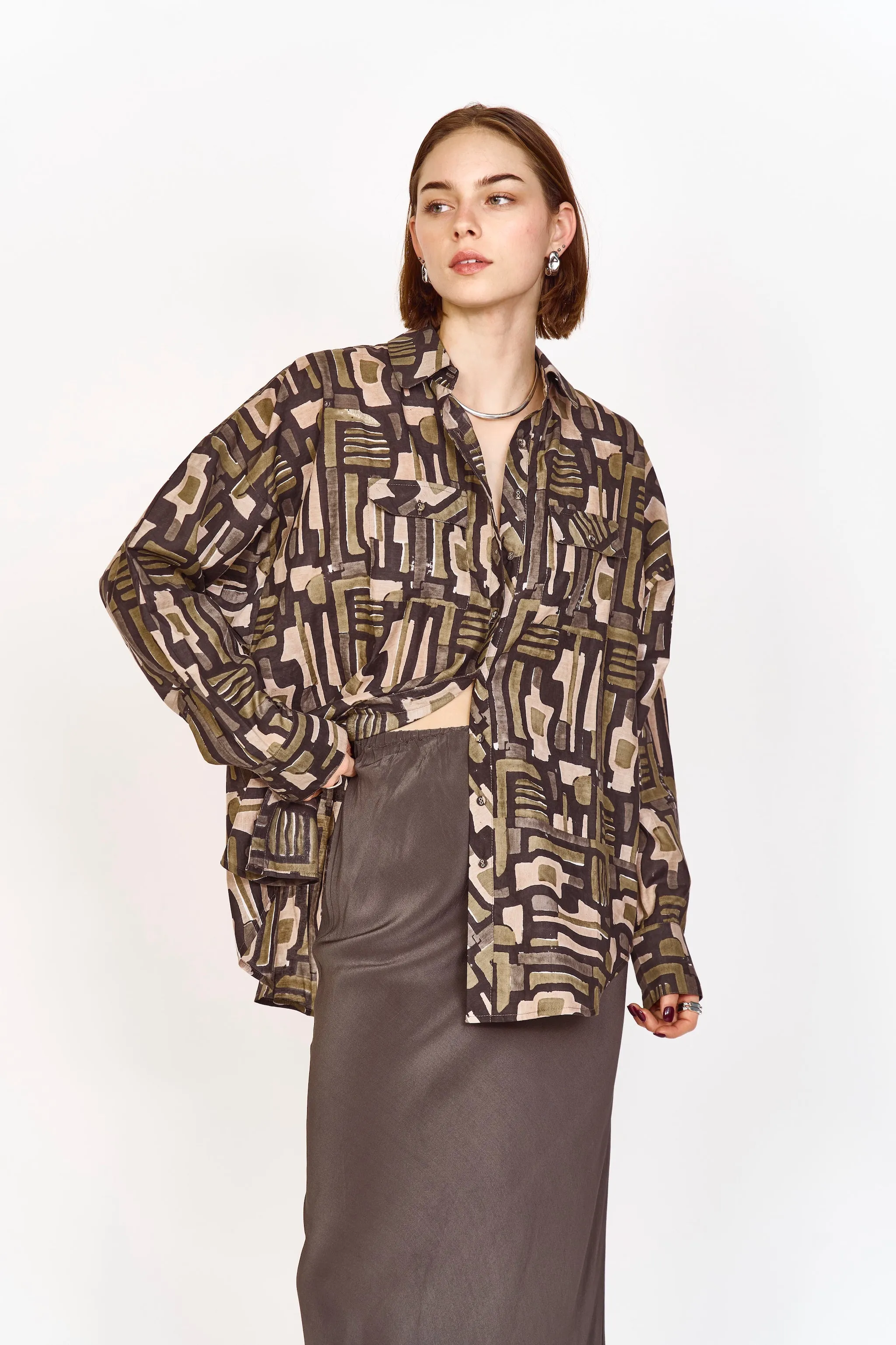 Kyoto Blouse in Olive Labyrinth