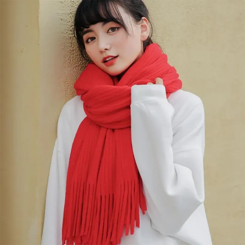 Ladies Scarf Winter Pure White Korean Version of Wild Thick Woolen Tassel Knitted Shawl Scarf Womens