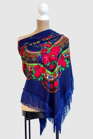 Large Blue Square Folk Scarf