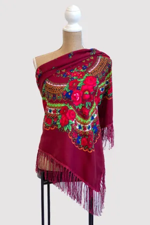 Large Burgundy Square Folk Scarf