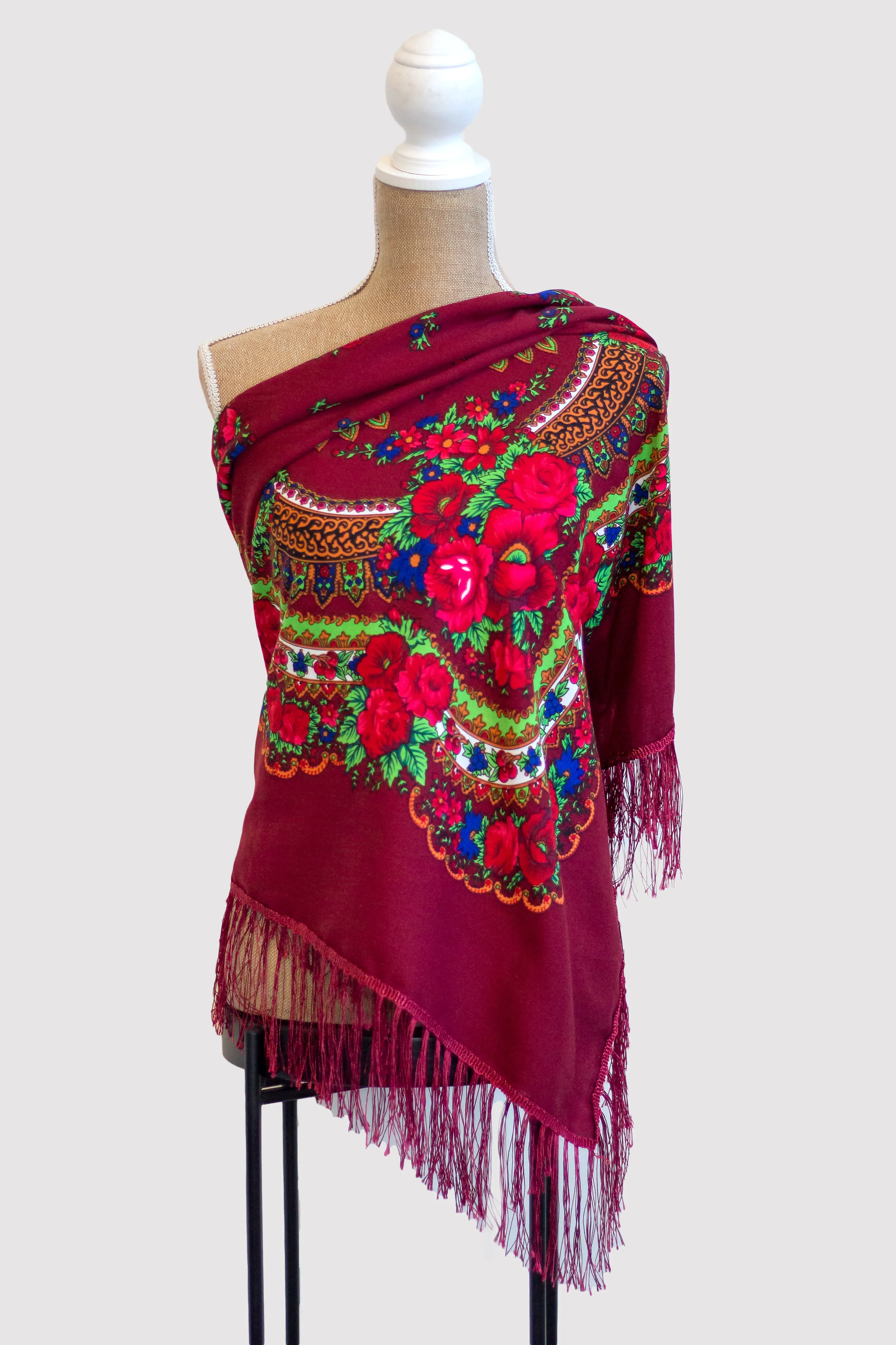 Large Burgundy Square Folk Scarf