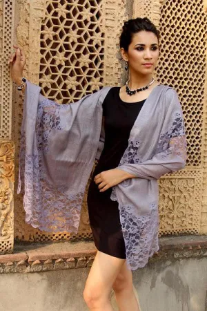 Lavender Wool Blend Shawl with Lace Trim