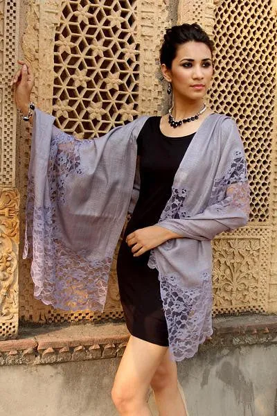 Lavender Wool Blend Shawl with Lace Trim