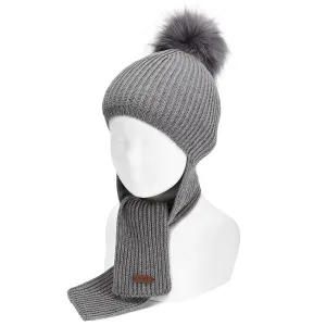 Light Grey Faux Fur Pom Pom Hat-Scarf