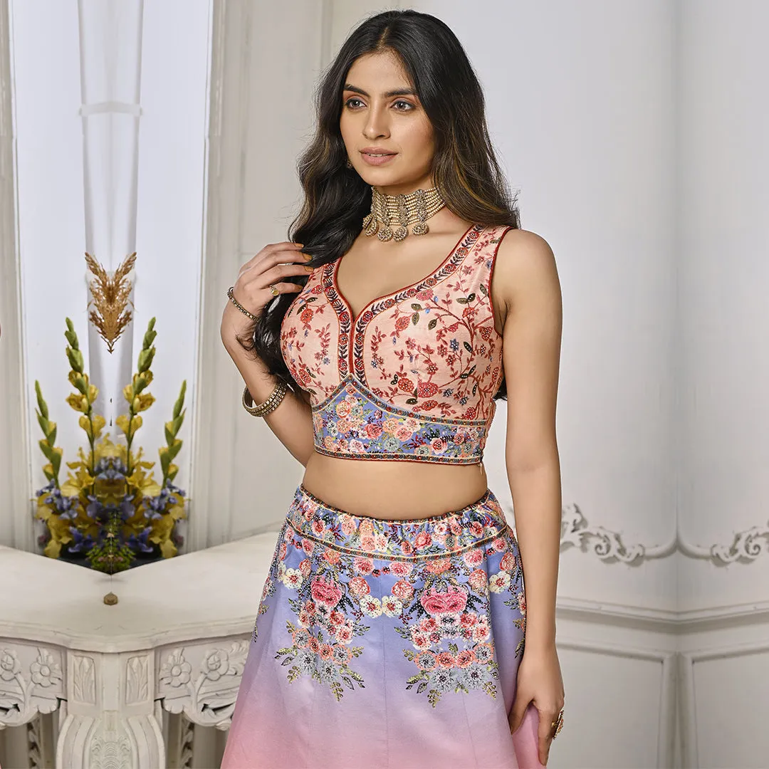 Light Peach and Lilac Floral Embroidery Lehenga Set