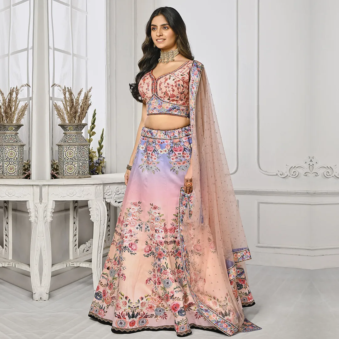 Light Peach and Lilac Floral Embroidery Lehenga Set
