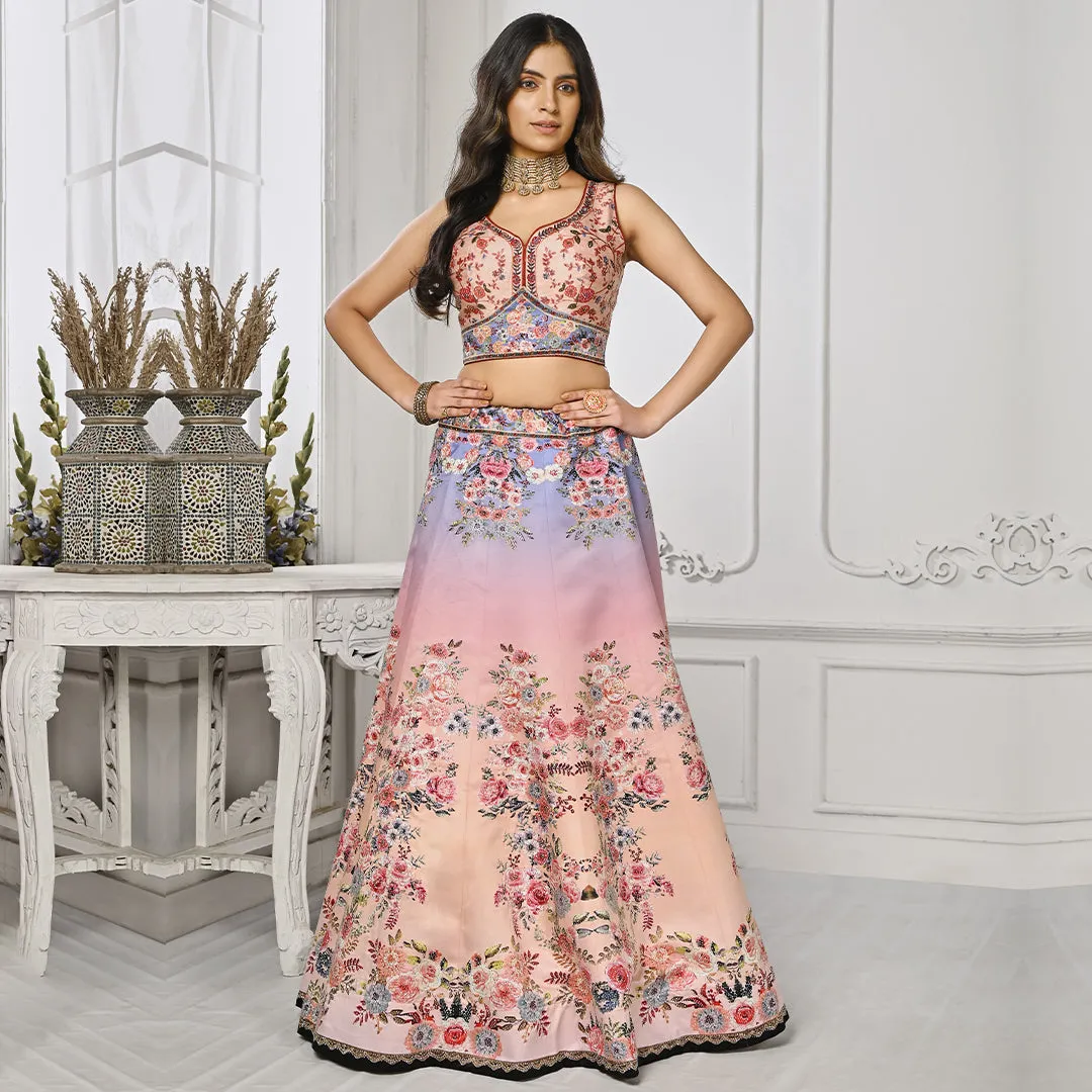 Light Peach and Lilac Floral Embroidery Lehenga Set