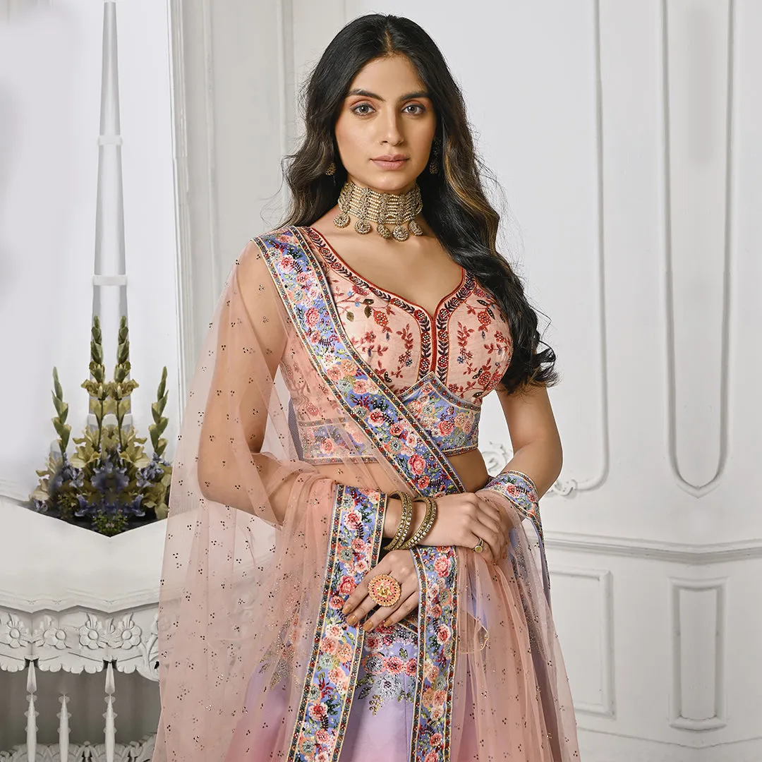 Light Peach and Lilac Floral Embroidery Lehenga Set